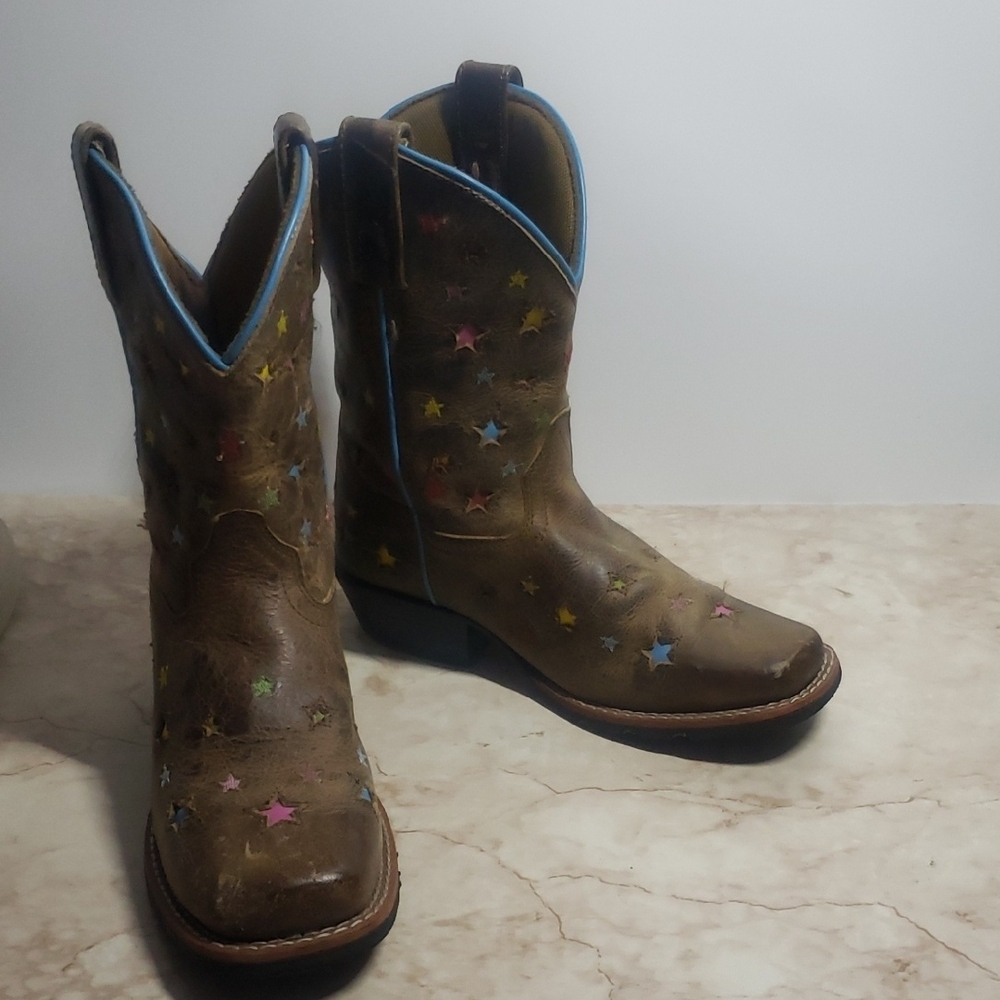 Dan Post Brown Star-Patterned Youth Cowboy Cowgirl  Boots Size 1.5